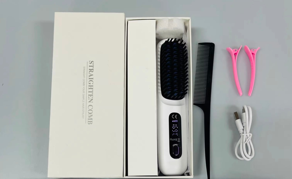 Heated Hair Brush Straightener - Black