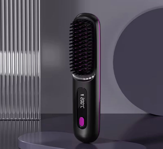 Heated Hair Brush Straightener - Black